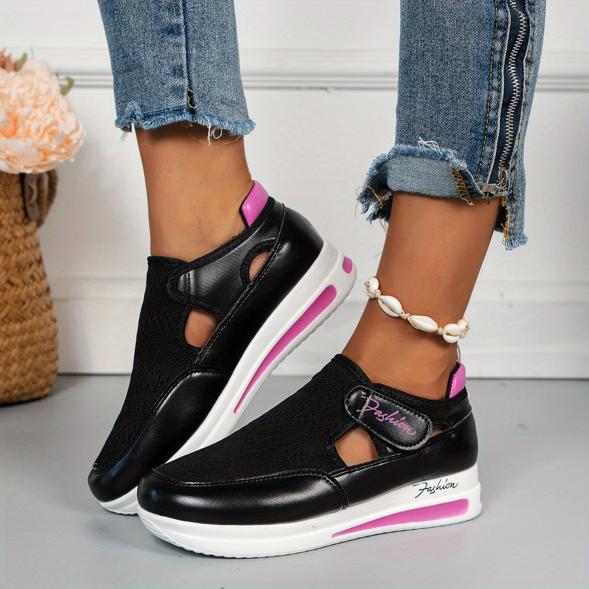 Women's Knit Platform Sneakers Hook & Loop Shoes Cutout Comfortable Outdoor