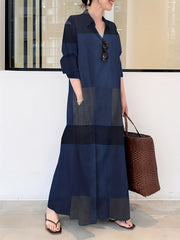 Colorblock Button Up Long Sleeve Maxi Shirt Dress