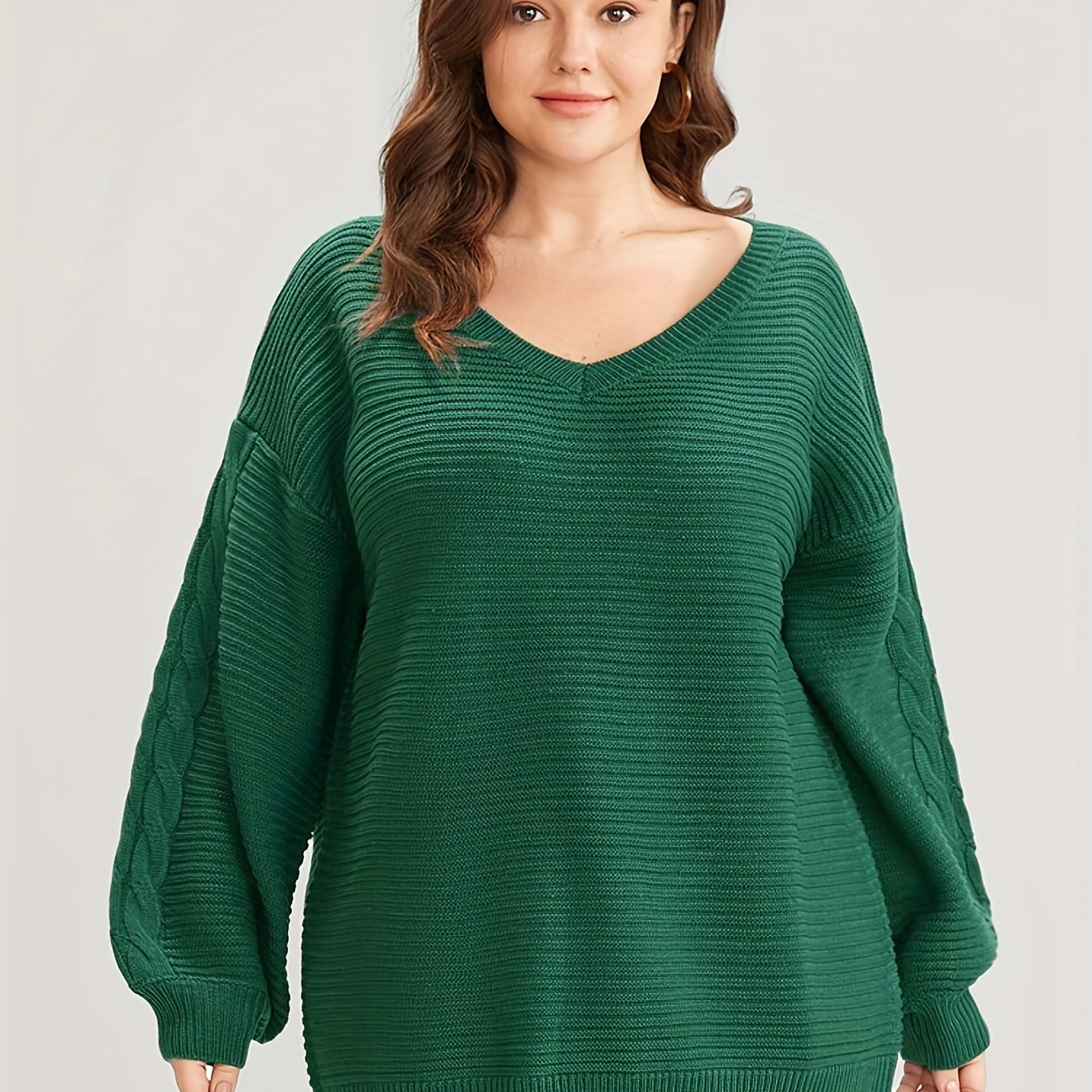 Plus Size Casual Sweater Women's Plus Solid Cable Lantern Sleeve V Neck Jumper