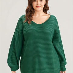 Plus Size Casual Sweater Women's Plus Solid Cable Lantern Sleeve V Neck Jumper