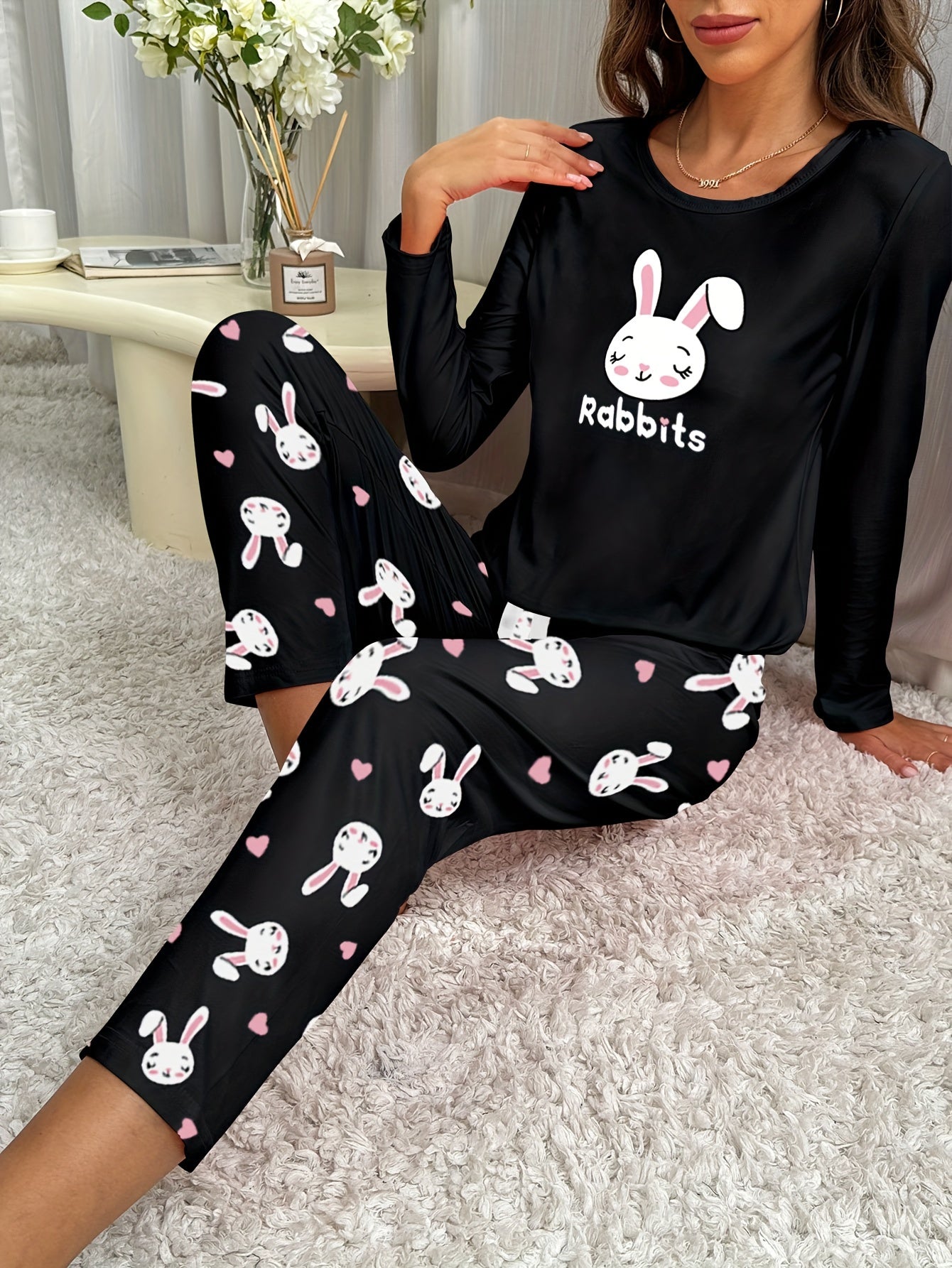 Rabbit Print Pajama Set Short Sleeve Crew Neck Top & Pants