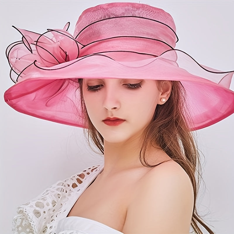 Rose Red Organza Sun Hat Mesh Flower Bridal Wedding Hat
