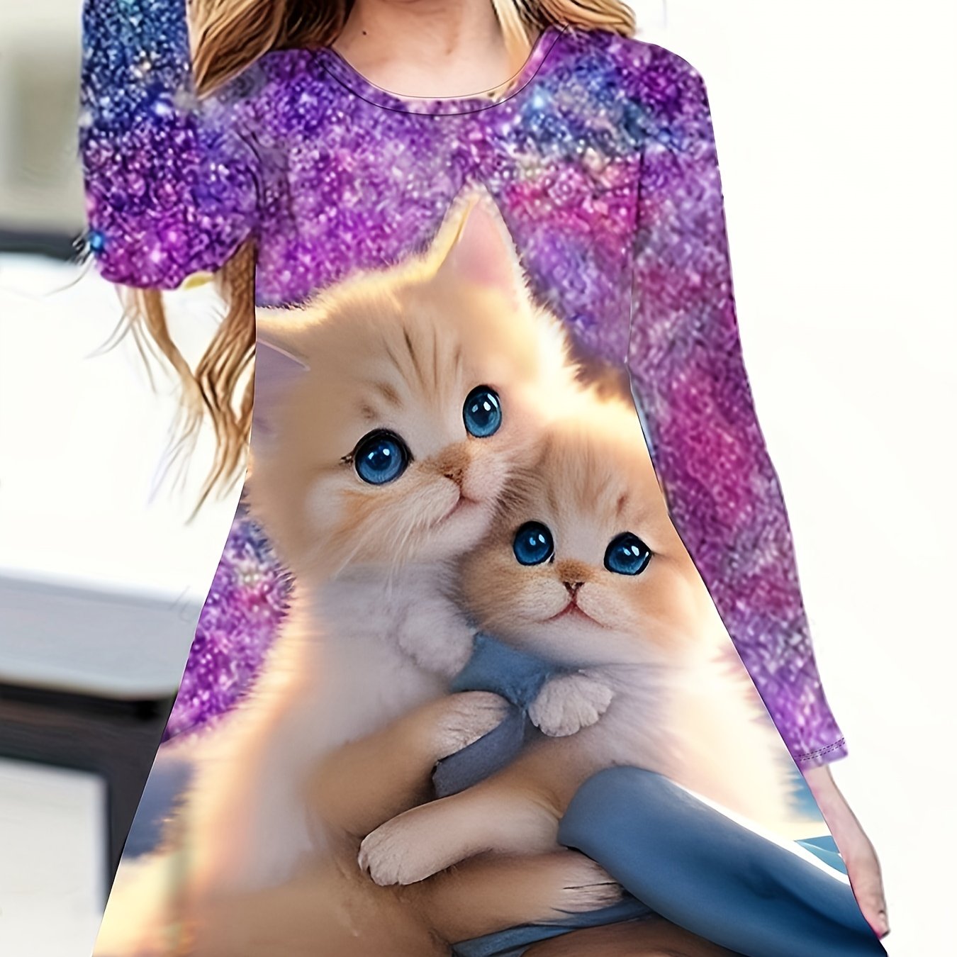 Girls 3D Kitty Graphic Crew Neck Dress Spring Fall Gift