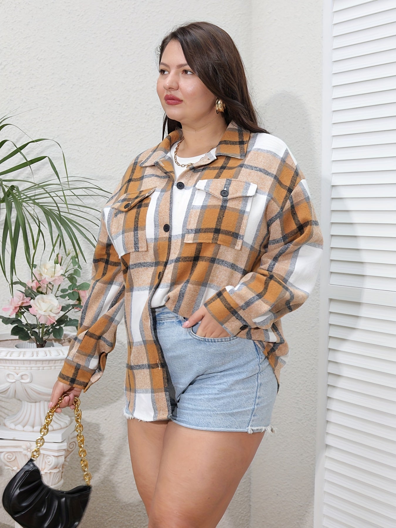 Plaid Print Button Up Long Sleeve Blouse
