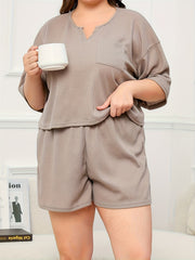 Waffle Knit Pajama Set V Neck Top & Shorts Loungewear