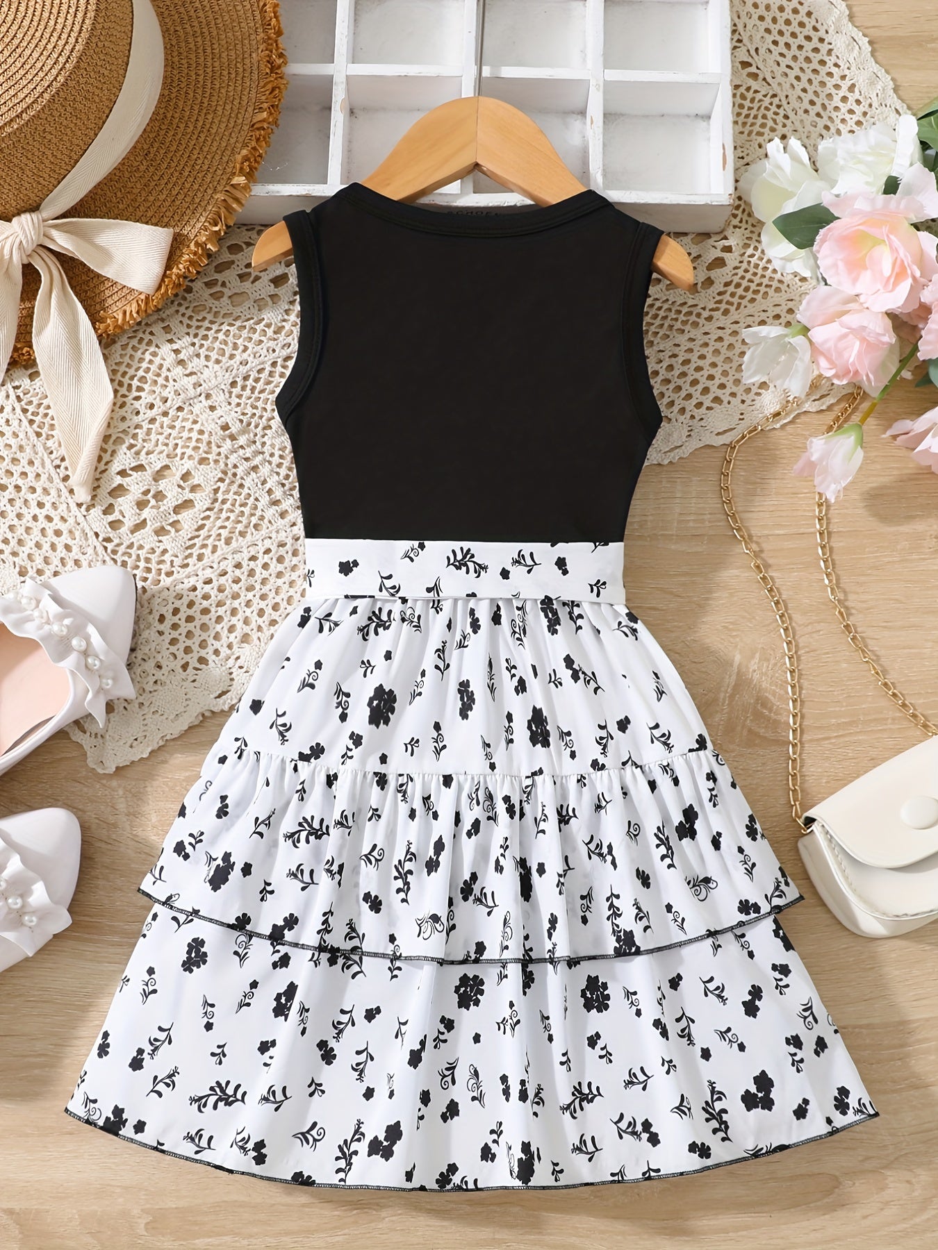 Girls' Holiday Party Dress with Belt, Sleeveless Floral Casual