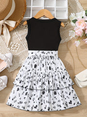 Girls' Holiday Party Dress with Belt, Sleeveless Floral Casual