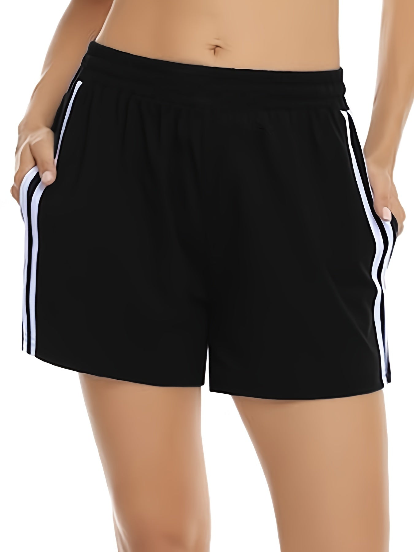 Sporty Plus Size Stripe Print Elastic Waist Shorts