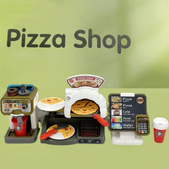 Pretend Play Coffee & Pizza Shop Set w/ Cash Register & Faux Food - Golden Brown