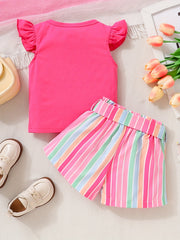 Toddler Girls Dopamine Flutter Sleeve T Shirt & Striped Belted Shorts