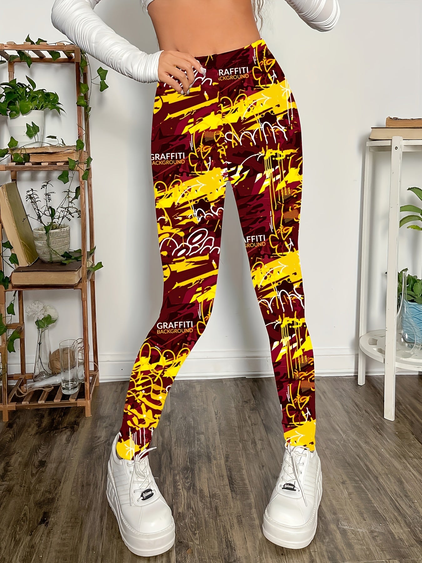 Graffiti Print Skinny Leggings Stretchy Casual Women's Clothing