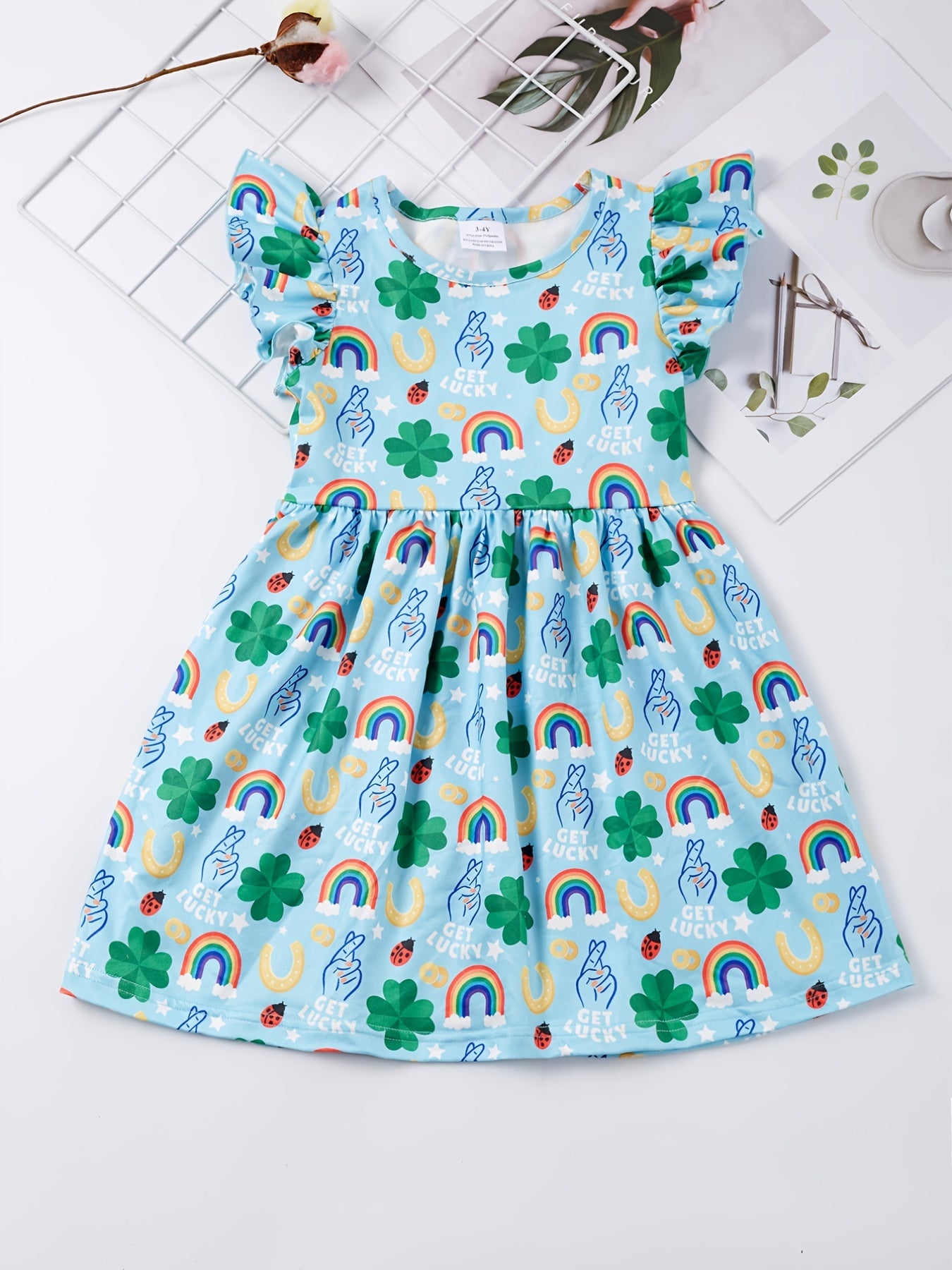 Girls Ruffled Sleeves Crew Neck Easter Bunny Graphic Princess Dress