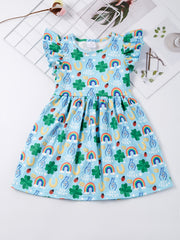 Girls Ruffled Sleeves Crew Neck Easter Bunny Graphic Princess Dress