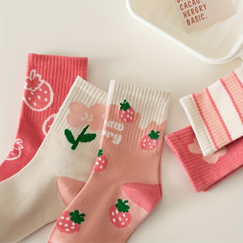 Girls Pink Flowers Strawberry Pattern Crew Socks for Autumn