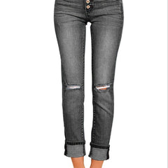 Slim Fit Skinny Jeans Ripped Distressed Button Denim Pants Women's Denim Jeans