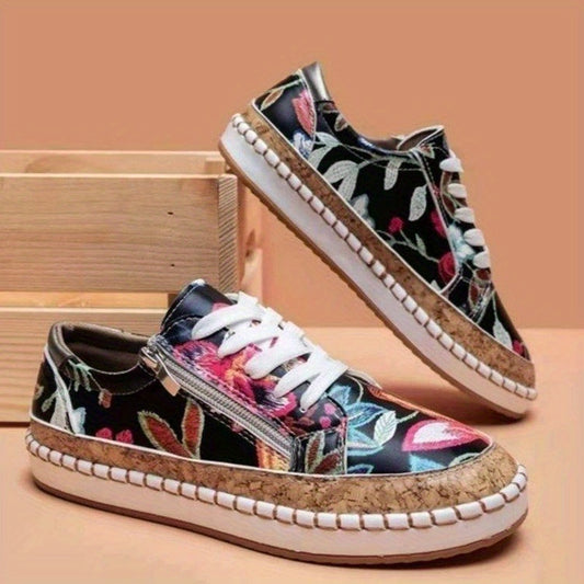 Women's Side Zipper Flat Shoes Lightweight Lace Up Outdoor Shoes