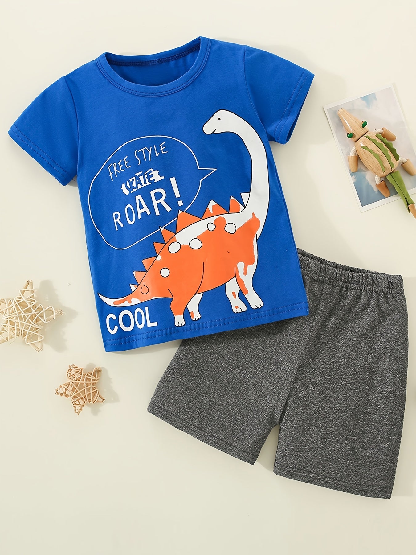 Boys Dinosaur Print T shirt & Shorts Set For Summer Kids Clothes