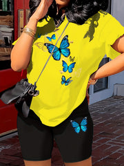 Butterfly Print Two Piece Outfit Short Sleeve Crew Neck T Shirt & Shorts Set