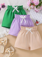 3pcs Toddler Kid Girls' Shorts Set With Bow Front And Paperbag Waist