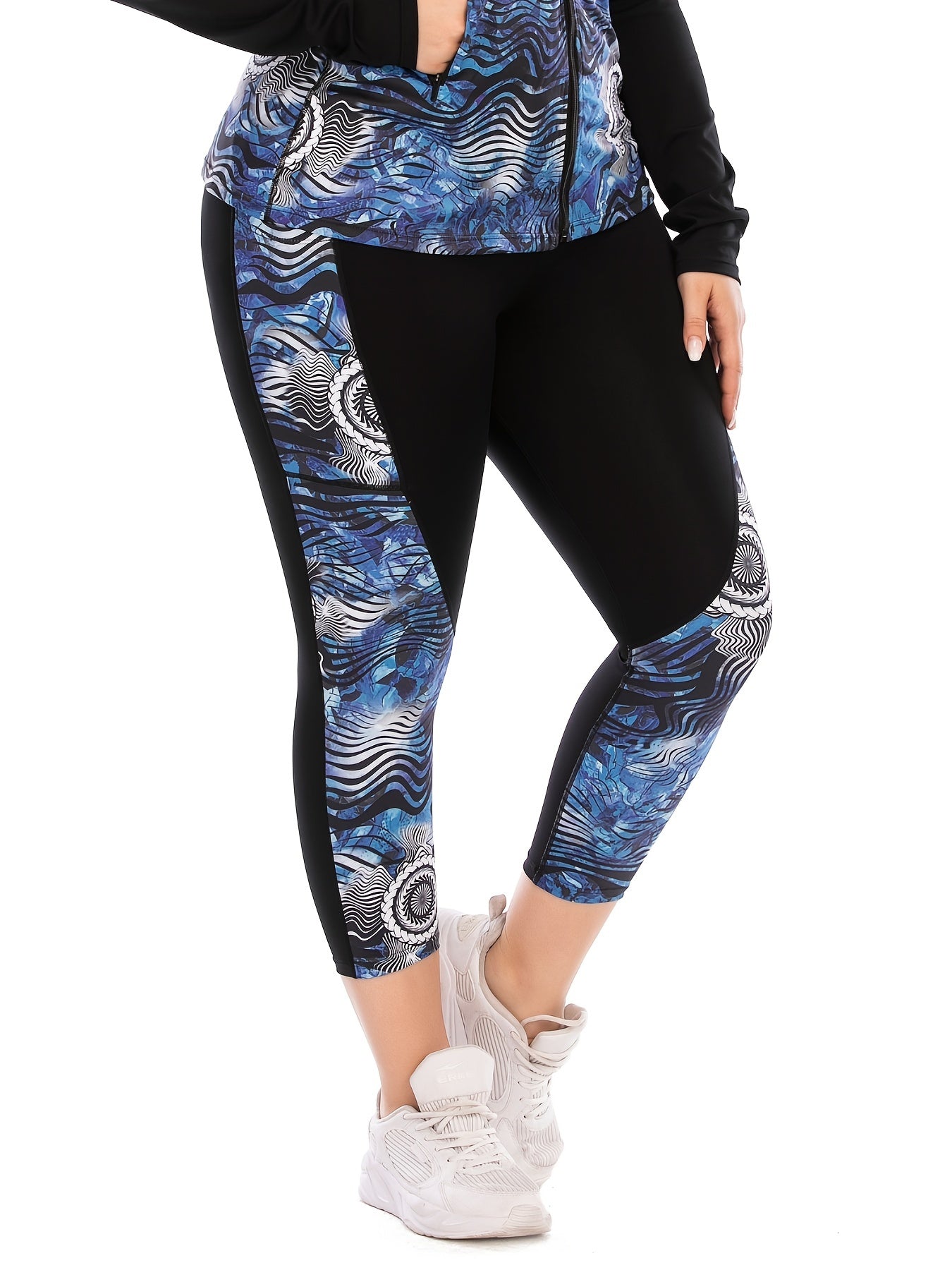 Colorblock Print Yoga Sports Leggings With Pocket