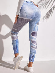 Denim Print High Waist Leggings Casual Butt Lifting Skinny Leggings