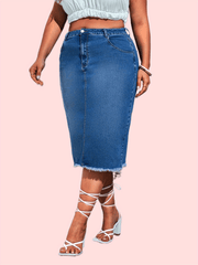 Casual Denim Skirt Women's Plus Solid Raw Trim Button Fly High Rise