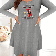Plus Size Nightdress Funny Rooster Print Long Sleeve Sleep Dress