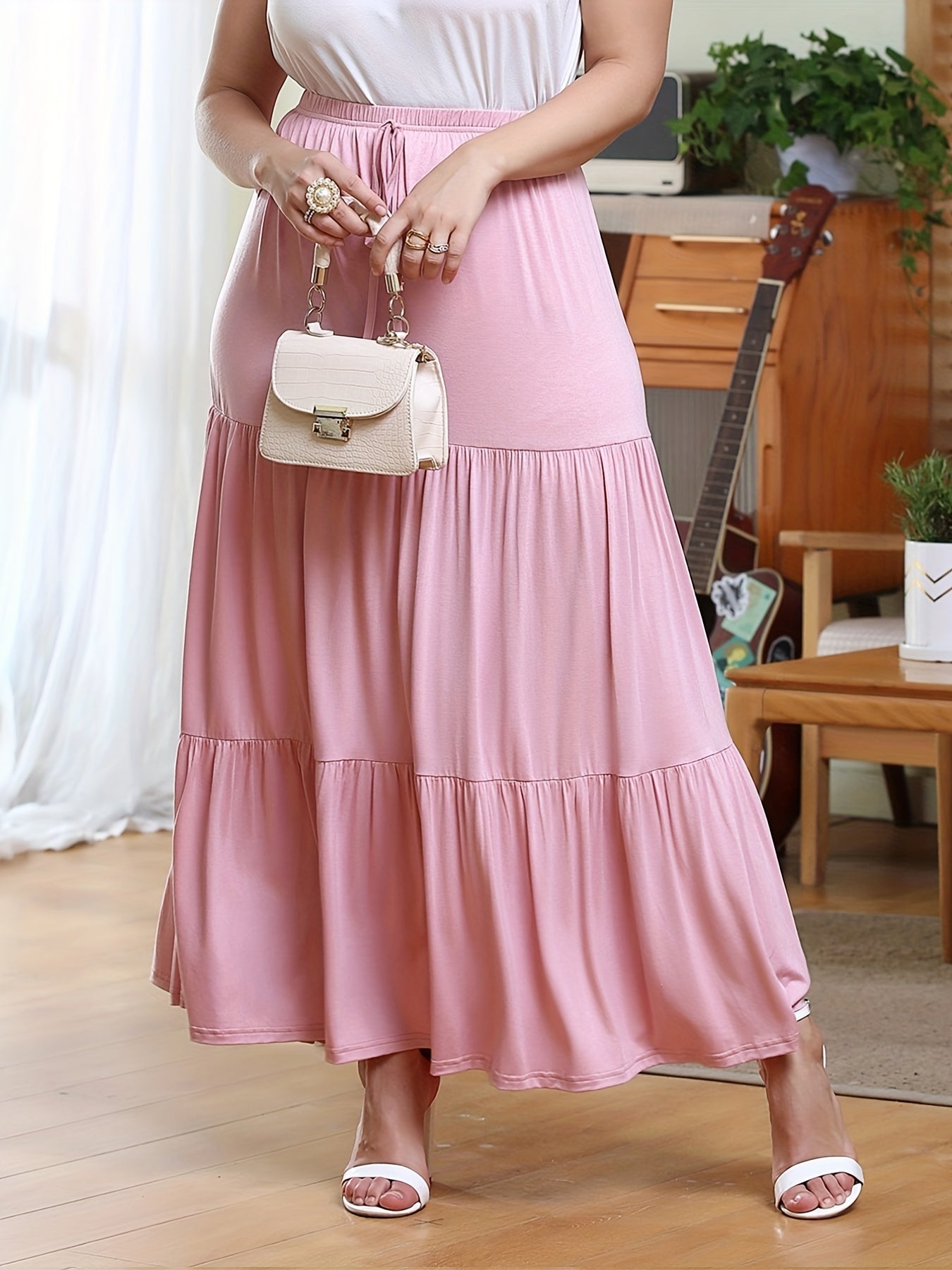 Solid Elastic Drawstring Maxi Skirt