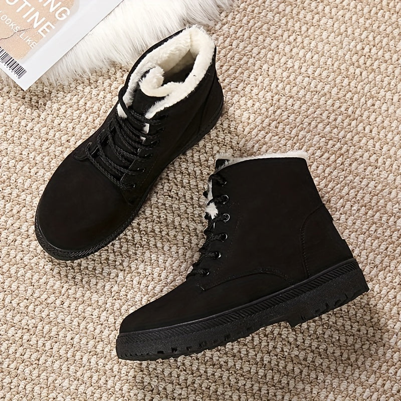Women's Plush Lined Ankle Boots Lace Up Round Toe Snow Boots