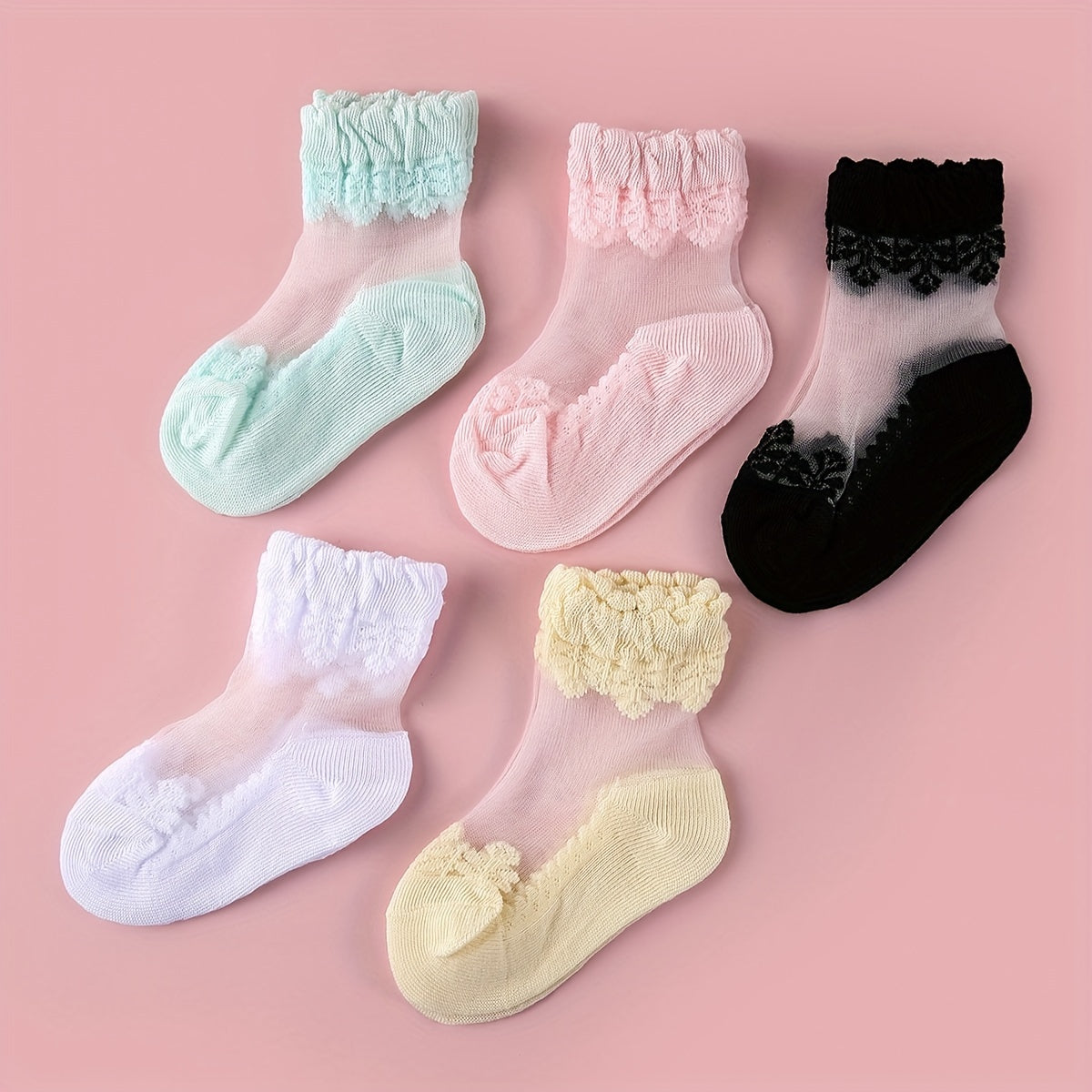 5pairs Girls Casual Lace Ruffled Socks Colorful Thin Breathable Summer