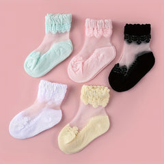 5pairs Girls Casual Lace Ruffled Socks Colorful Thin Breathable Summer