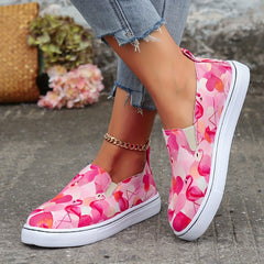 Flamingo Print Pink Flat Skate Shoes Soft Sole Slip On Sneakers