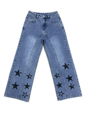 Star Print Wide Leg Pintuck Jeans High Rise