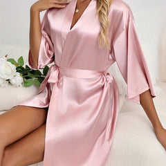 Satin V-Neck Robe Half Sleeve Nightwear With Belt