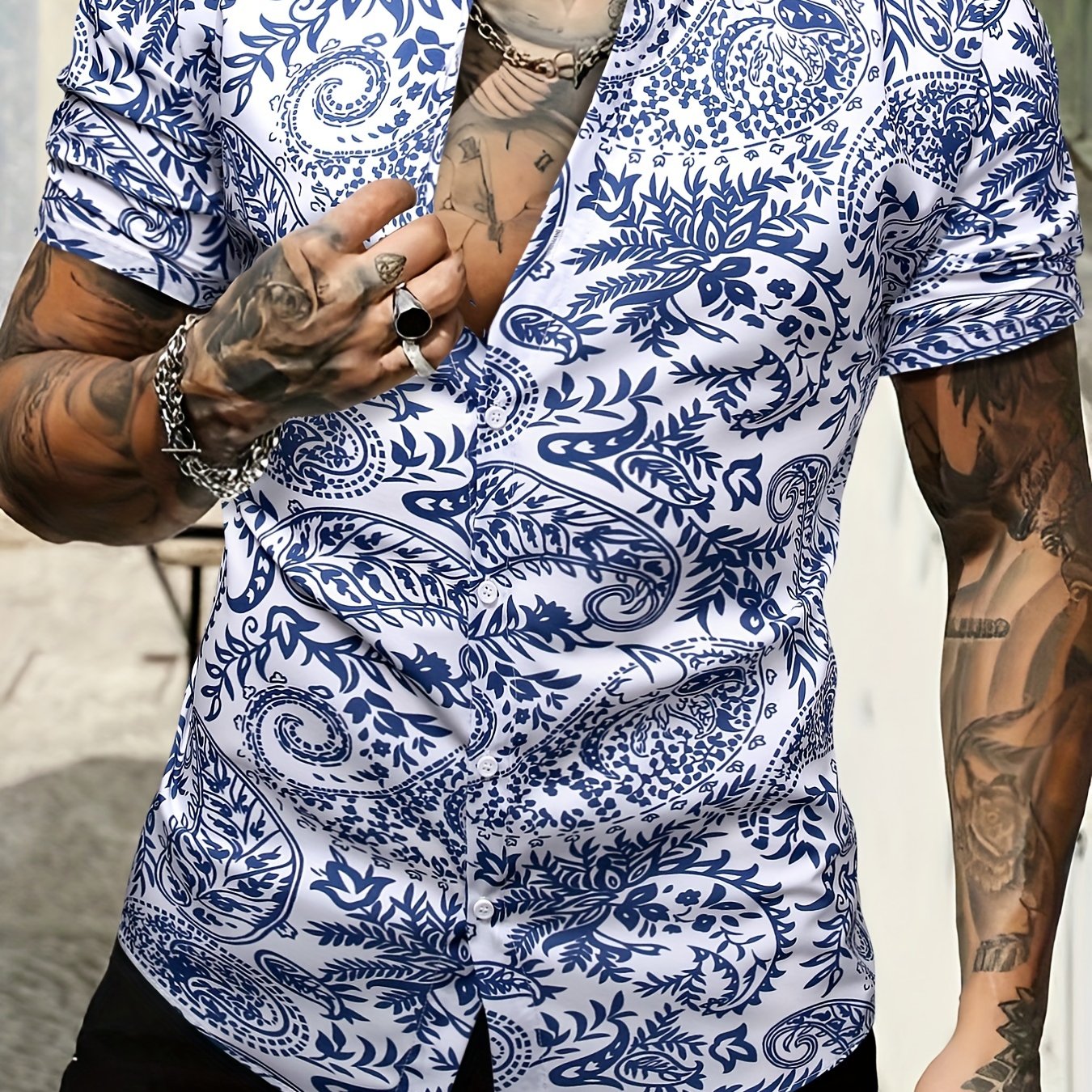 Men's Paisley Camp Collar Bowling Shirt Short Sleeve