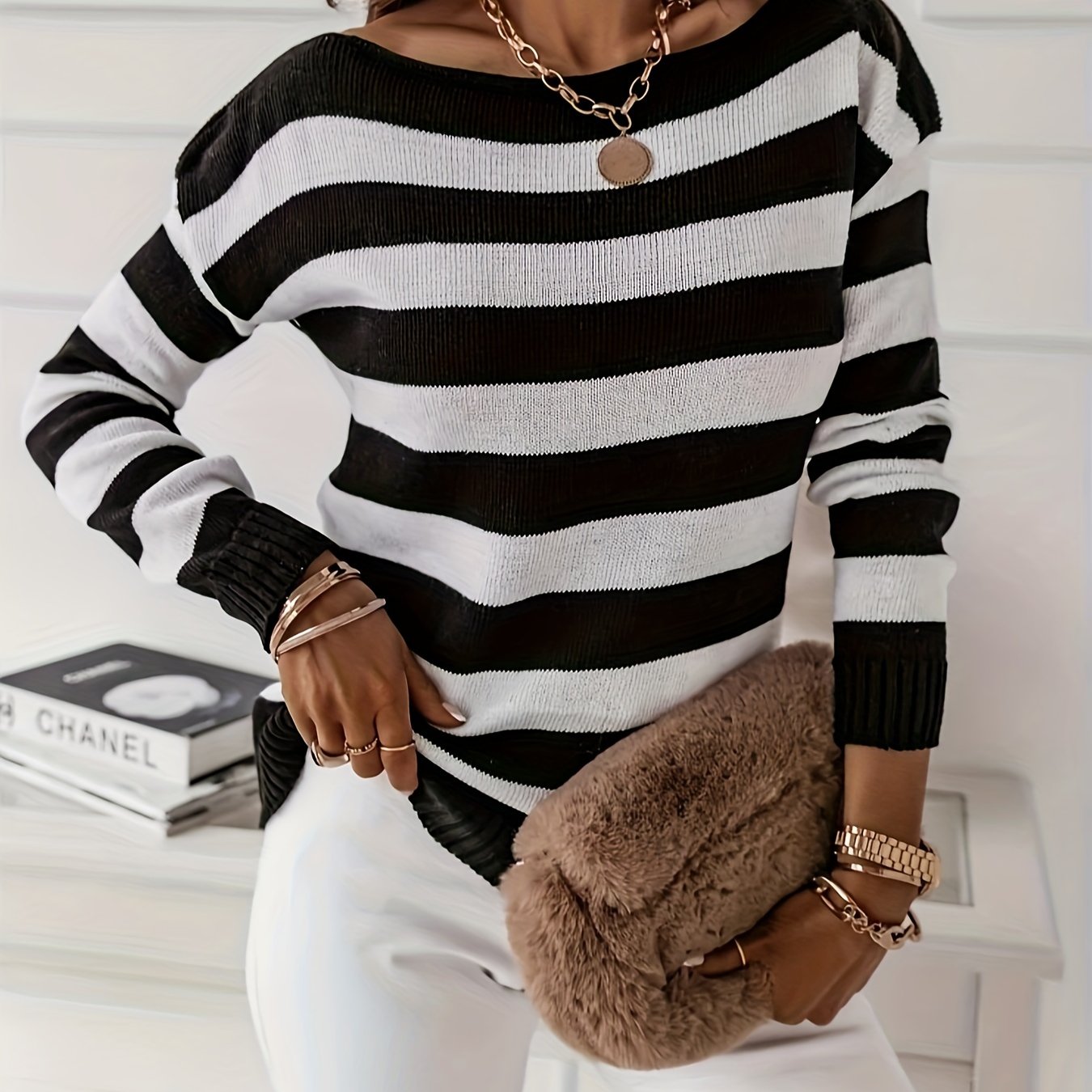 Casual Stripe Print Long Sleeve Sweater