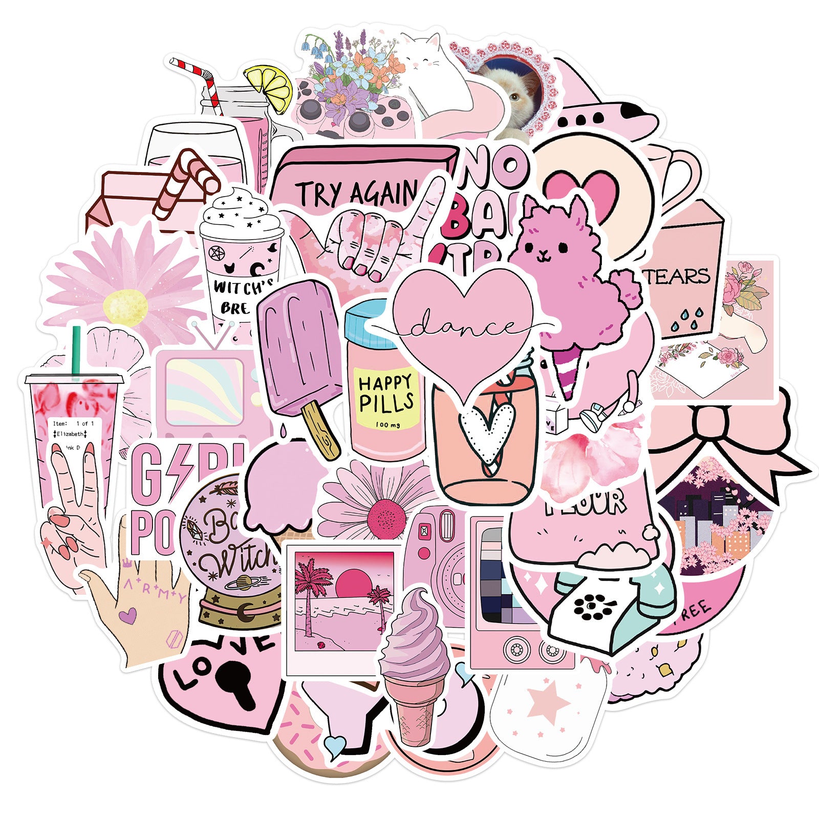 50pcs Reusable Vinyl Stickers - Cats Hearts Stars Donuts Motivational Quotes