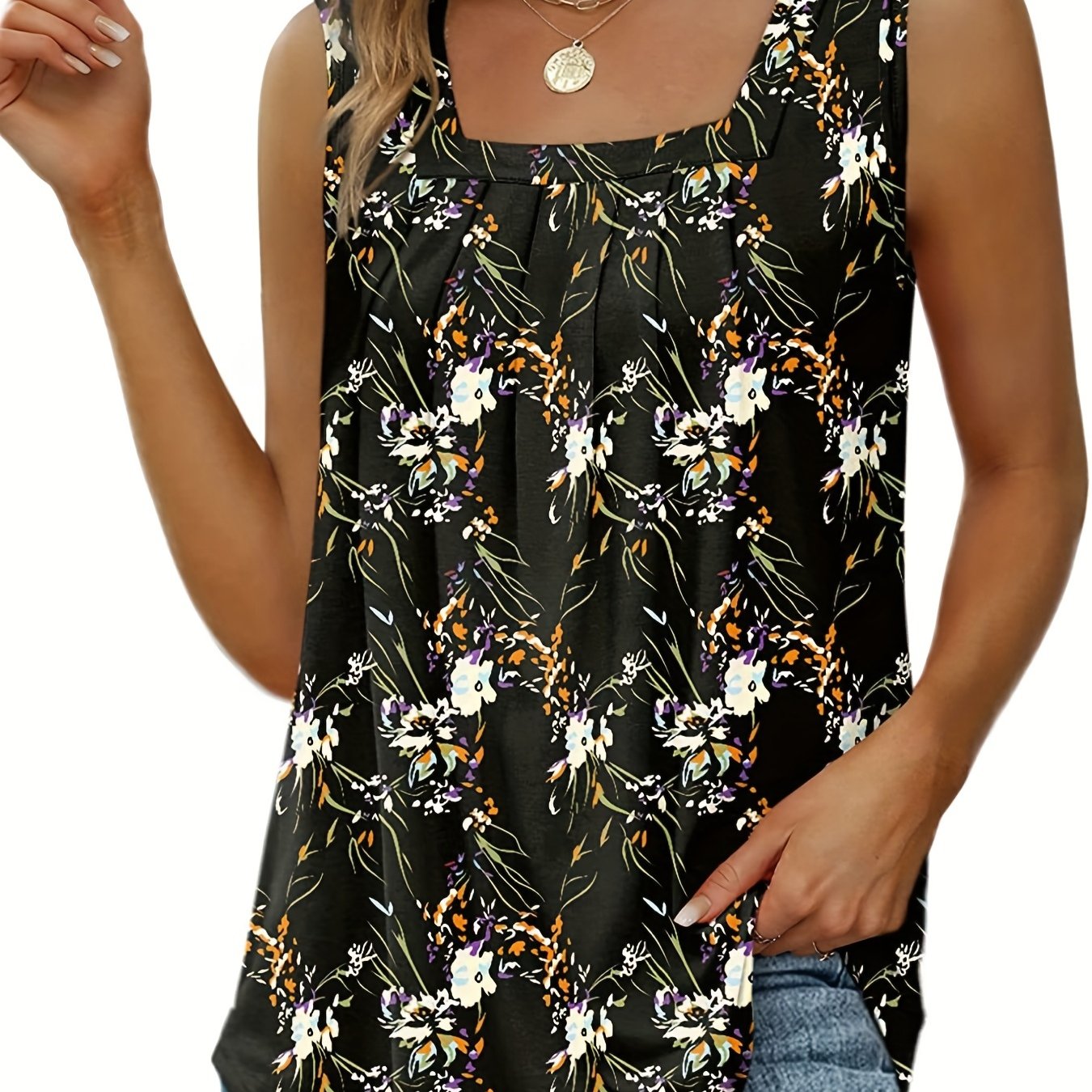 Floral Print Square Neck Tank Top