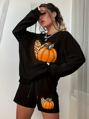 Pumpkin Graphic Print Sweatshirt & Shorts 2pcs Set