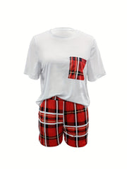 Plaid Two Piece Set Short Sleeve T-shirt & High Waist Shorts
