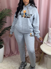 Car & Bear Print Hoodie & Sweatpants Two Piece Set