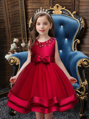 Girls Sleeveless Puffy Princess Dress Beaded Bow Tulle Tutu Dress