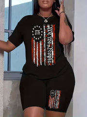 Women's Plus Flag & Letter Print Crew Neck Top & Shorts Outfit Set