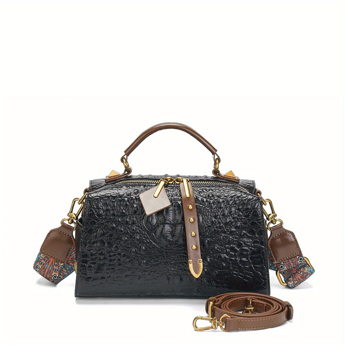 Crocodile Texture Tote Bag with Embroidered Strap for Evening Events