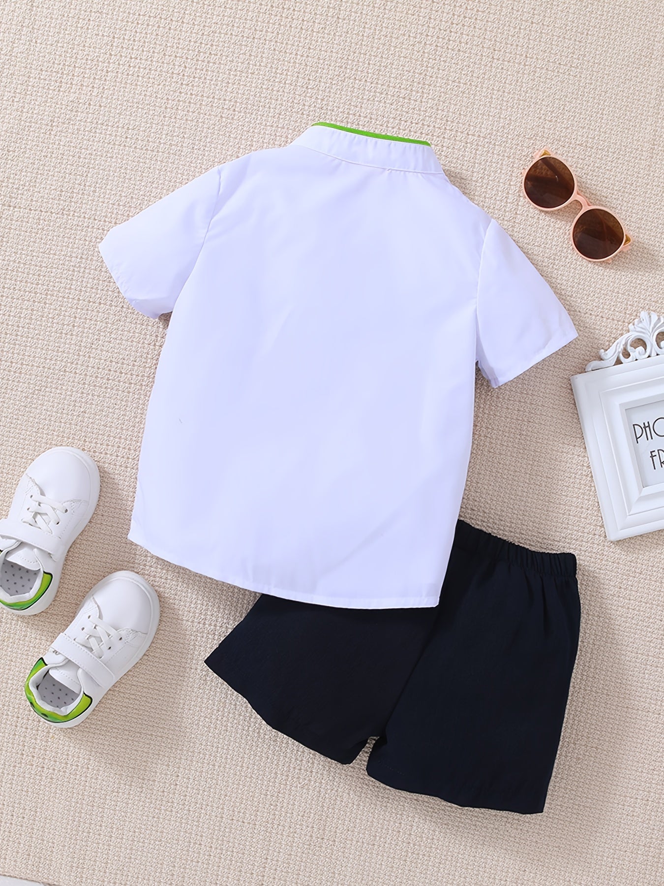 Boys Block Outfit Short Sleeves Stand Collar Shirt & Shorts Set