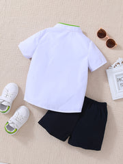 Boys Block Outfit Short Sleeves Stand Collar Shirt & Shorts Set