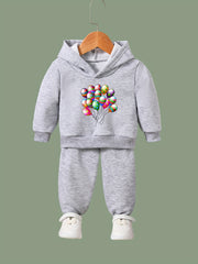 Girls Cartoon Balloon Hooded Sweatshirt & Sweatpants Set