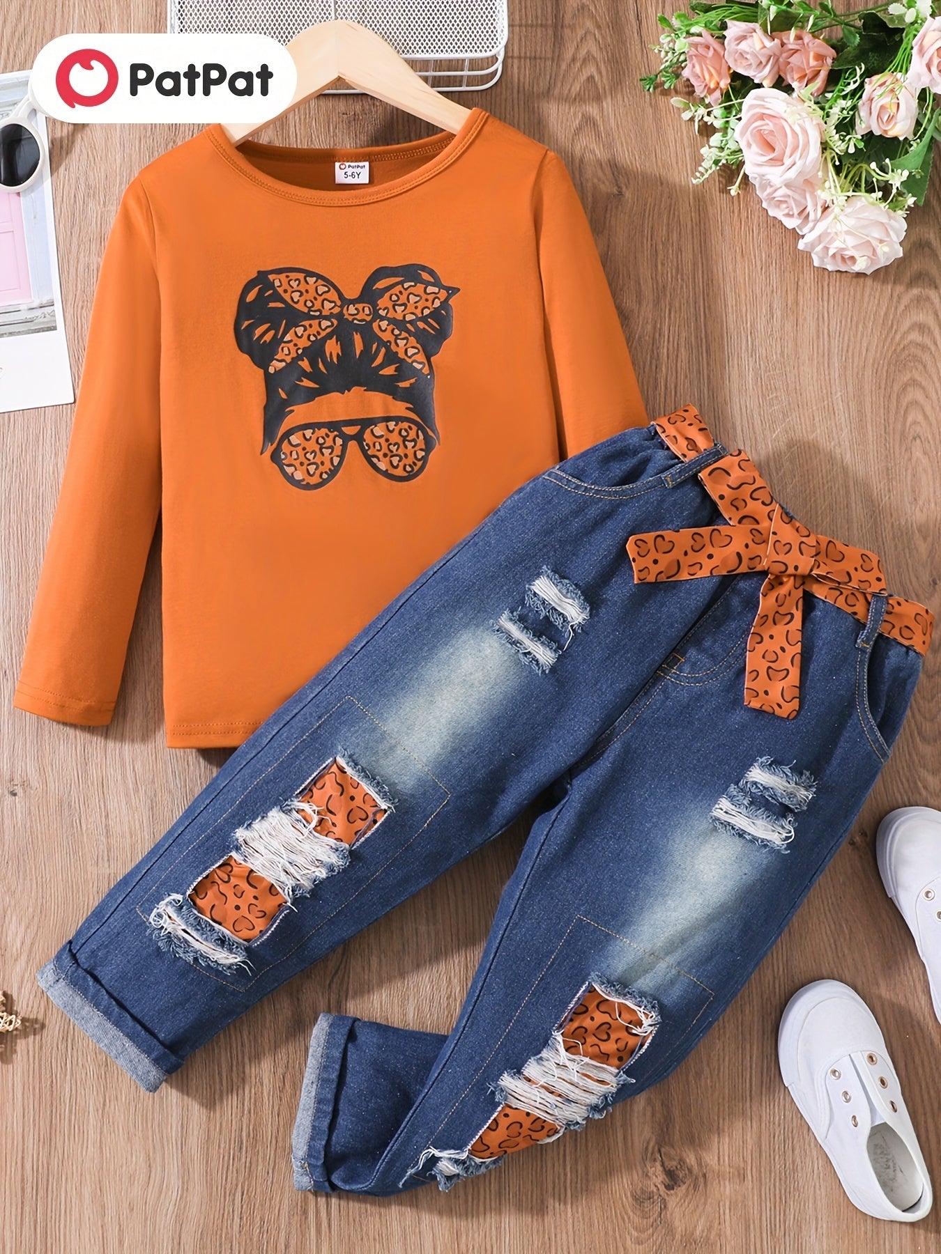 3pc Kid Girl Figure Print Long Sleeve Tee & Belted Ripped Denim Jeans Set
