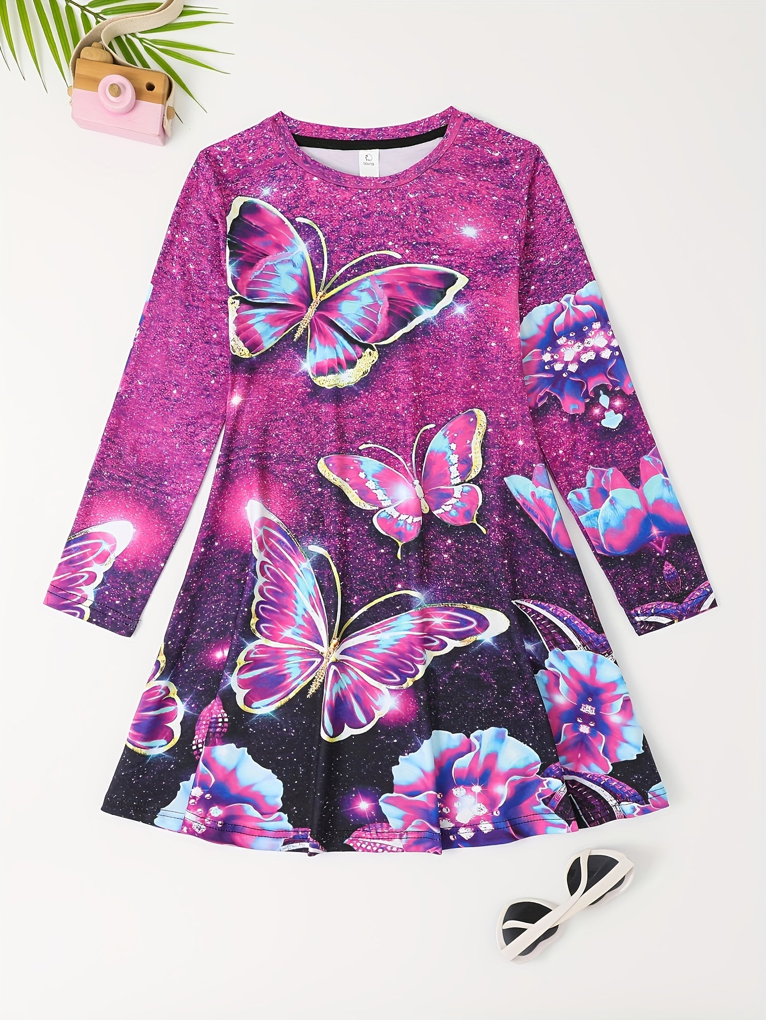 Little Girl Stylish Casual Cartoon Graphic Long Sleeve Dress