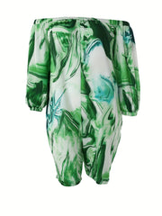 Marble Print Off Shoulder Long Sleeve Jumpsuit with Pockets